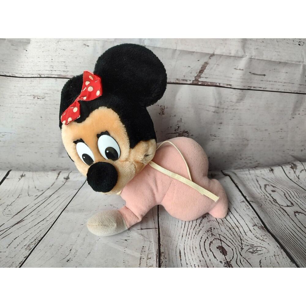 Vintage Pink Baby Minnie Mouse Crawling Plush Stuffed Animal With Bib READ